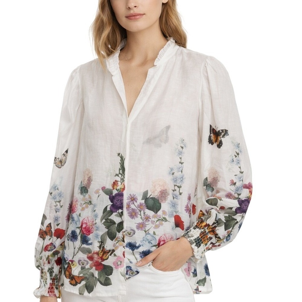 Joie Floral Blouse White Sheer Boho Butterfly Top Smocked Sleeve